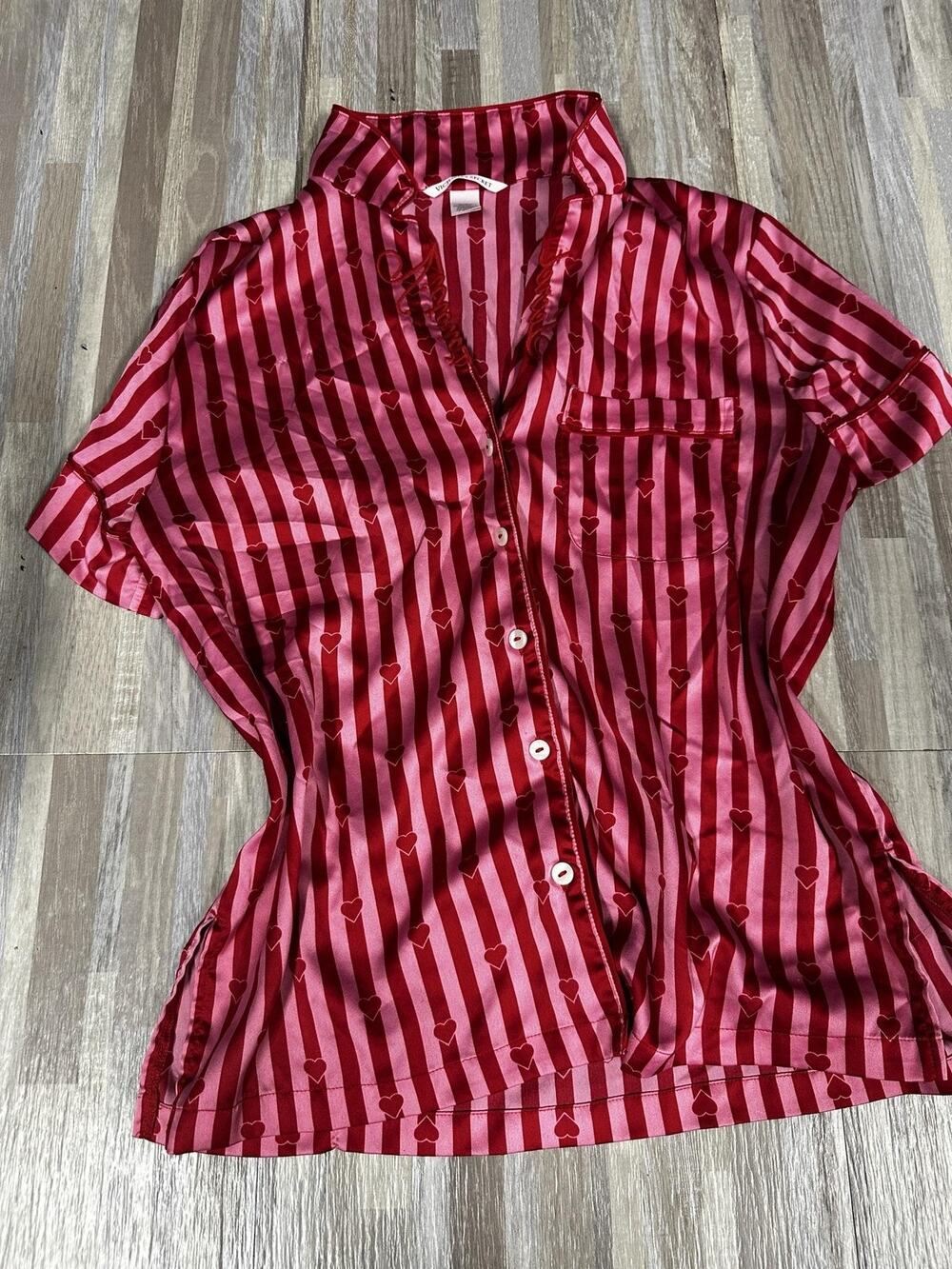 VS Pajama Set Womens XS Pink Heart Stripe Satin Shorts